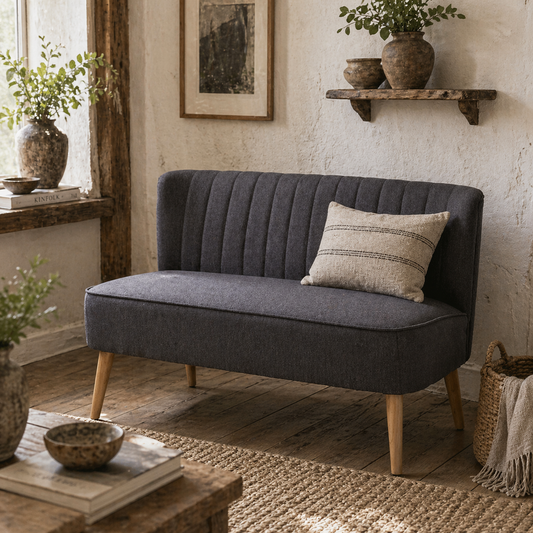 Kecoba Dark Grey Fabric Compact 2 Seater Sofa With Padded Seat And Wooden Legs