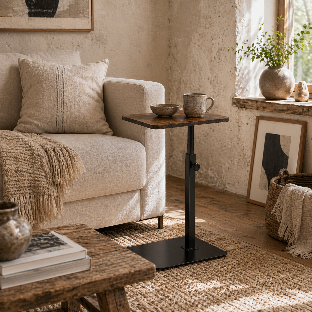 Falava Metal And Wooden Rustic Brown Side Table With Adjustable Frame
