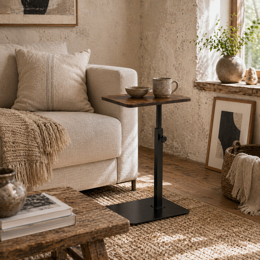 Falava Metal And Wooden Rustic Brown Side Table With Adjustable Frame