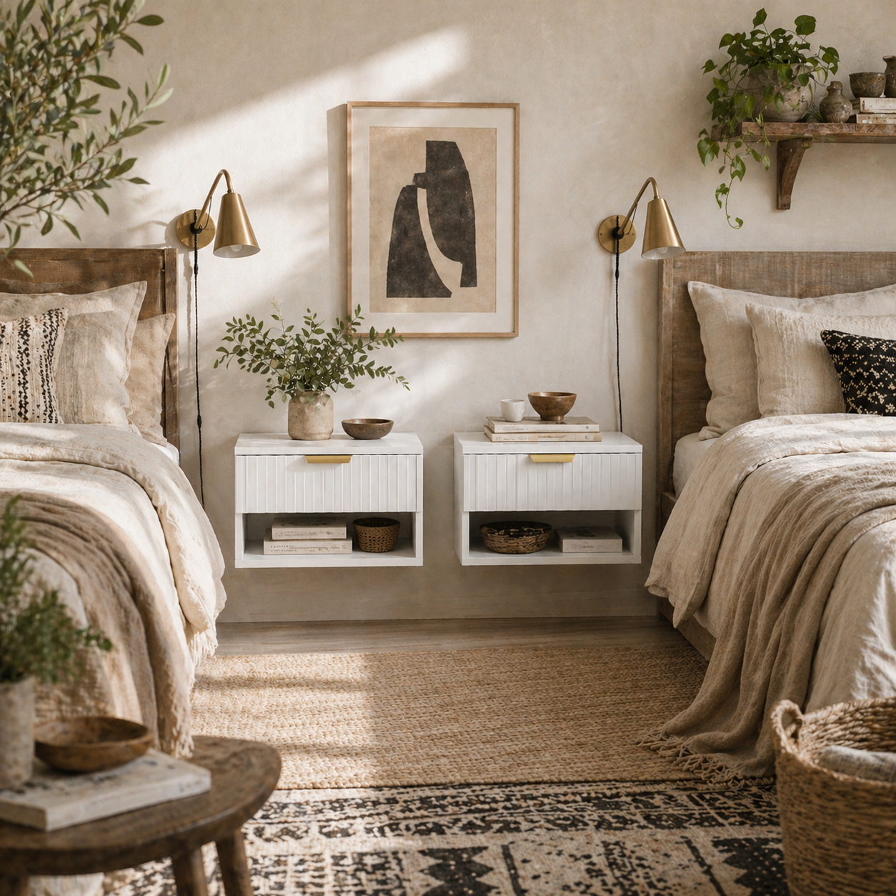 Ludi Set Of 2 Wooden White Wall Mounted Bedside Tables With Fluted Drawer And Shelf