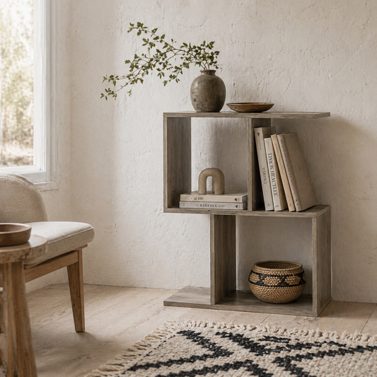 Filo Wooden Grey Narrow S Shaped Side Table With 3 Tier Storage