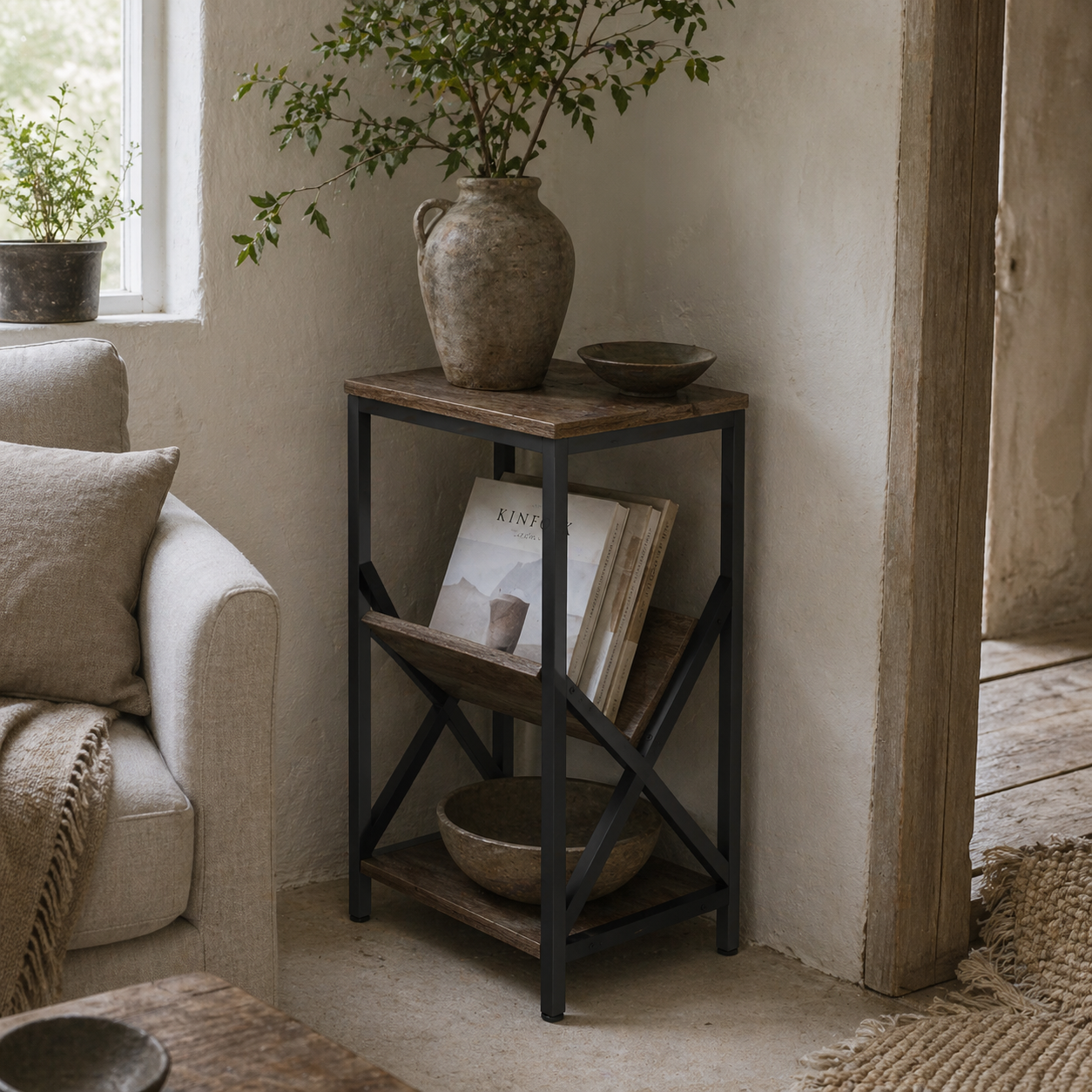 Elfi Nere Wooden Oak Narrow Side Table With 3 Tier Storage and V Shaped Magazine Holder 40 x 30 x 61 cm