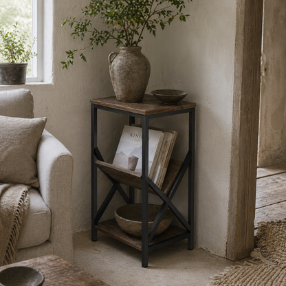 Elfi Nere Wooden Oak Narrow Side Table With 3 Tier Storage and V Shaped Magazine Holder 40 x 30 x 61 cm