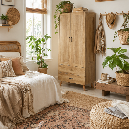 Corasoro Natural Wood Finish 2 Door Modern Wardrobe With 2 Drawers And Hanging Rail
