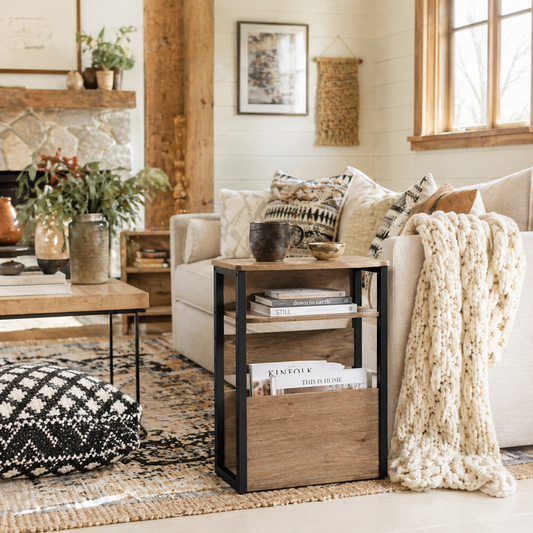 Neleke Metal And Wooden Black And Walnut Industrial Accent Magazine Side Table