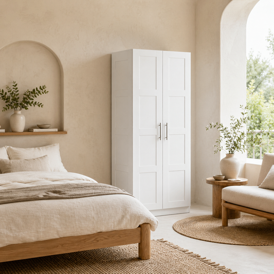 Coravello Wooden White 2 Door Wardrobe With Hanging Rail and Shelf