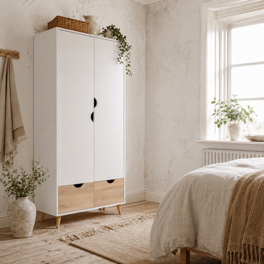 Belamar White and Natural 2 Door Wardrobe With Hanging Rail 2 Drawers And Wooden Legs