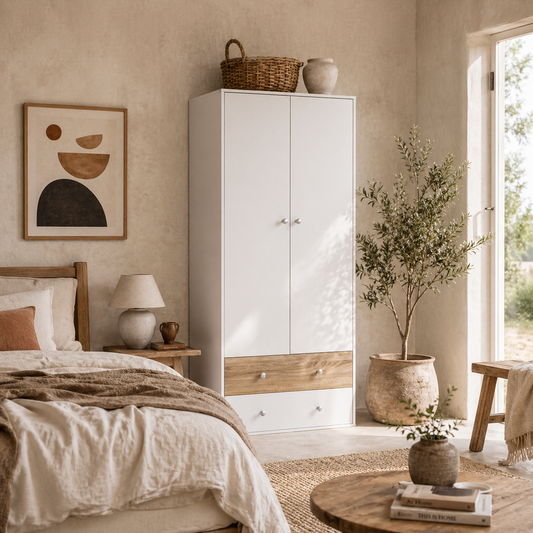 Coralia White and Natural 2 Door Wardrobe With Hanging Rail and 2 Drawers