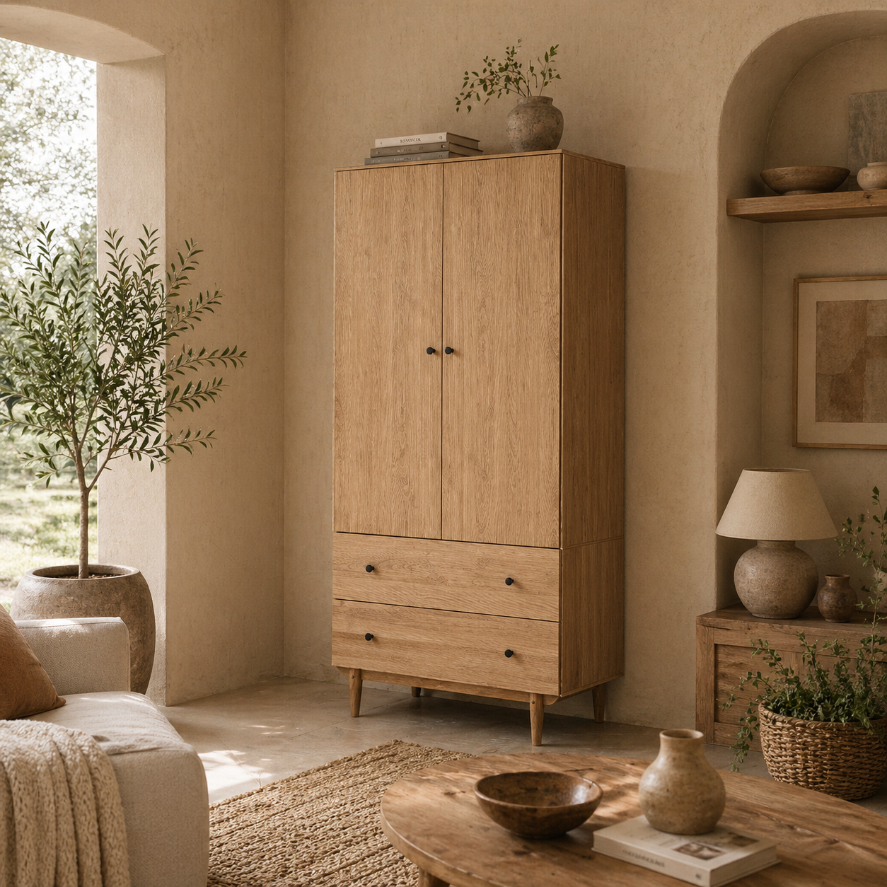 Coramar Natural Wood 2 Door Wardrobe With Hanging Rail And 2 Drawers