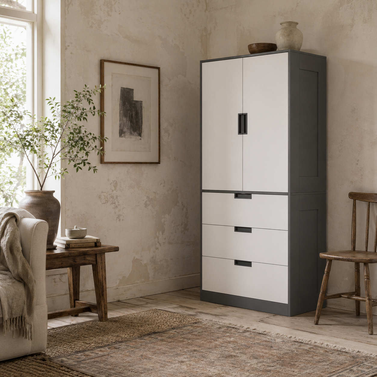 Corario Wooden Grey and White 2 Door Wardrobe With 3 Drawers And Hanging Rod