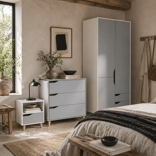 Demilia Grey And White Bedroom Furniture Set With Wardrobe 3 Drawer Chest And Bedside Table
