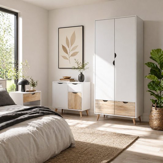 Demiden Natural Wood And White Bedroom Furniture Set With Wardrobe Bedside Table And Storage Unit