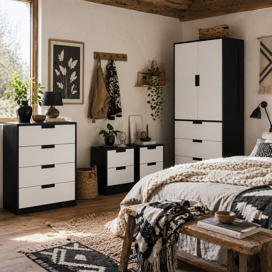 Coraniva White And Black Bedroom Furniture Set With Wardrobe Chest Of Drawers And 2 Bedside Tables