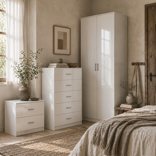 Belatera High Gloss White 3 Piece Bedroom Furniture Set Wardrobe Chest of Drawers And Bedside Table