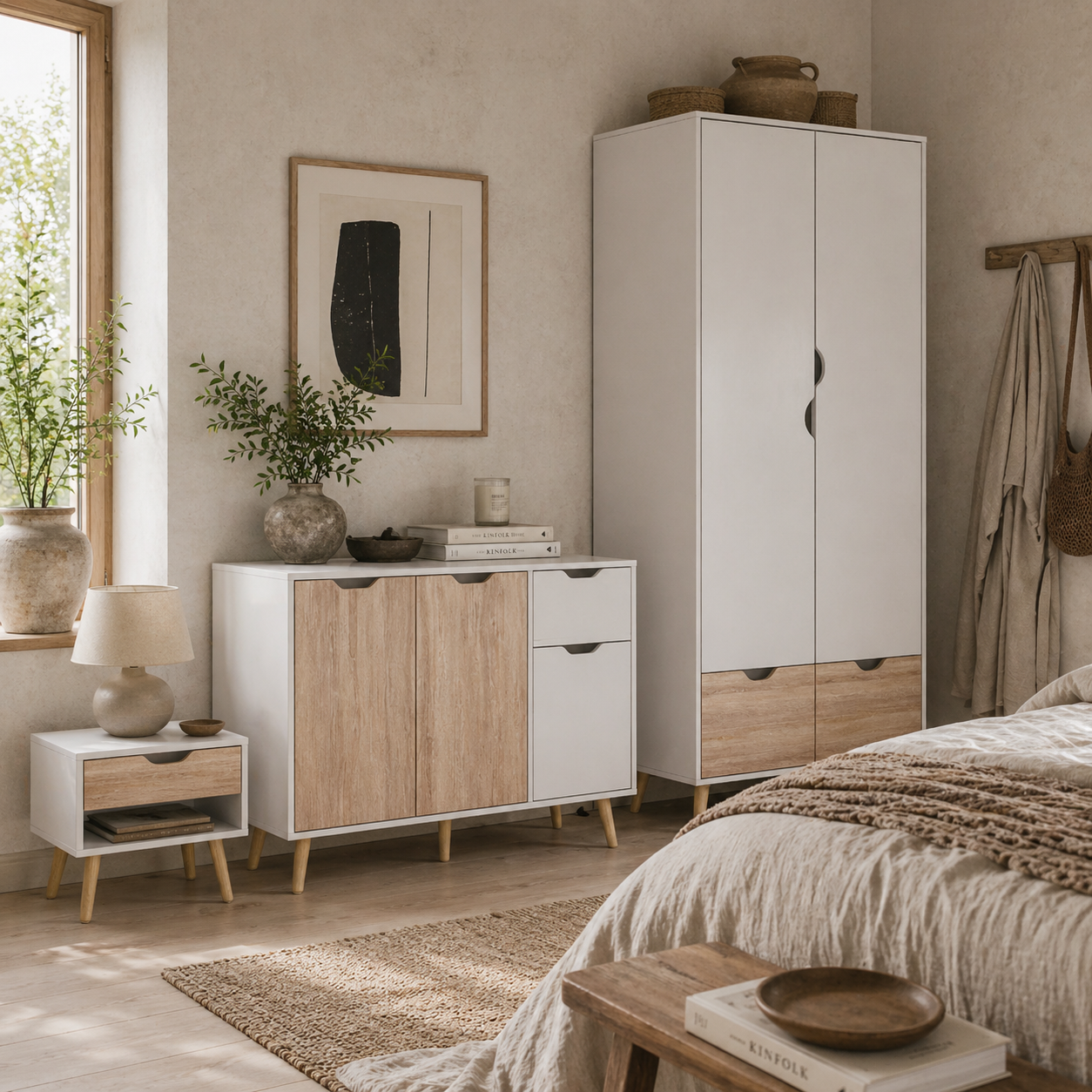Coramoro 4 Piece Natural Wood And White Bedroom Furniture Set With Wardrobe 2 Bedside Tables And Cabinet