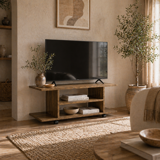 Avavello 80cm Walnut Finish Mobile TV Storage Unit With Shelves And Bookcase Style