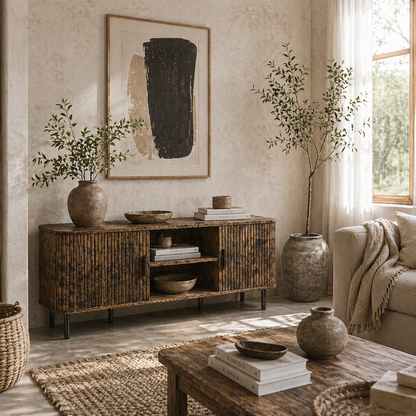 Avaniva 120cm Rustic Brown TV Console With Sliding Doors and Shelf For Screens Up To 55 Inches