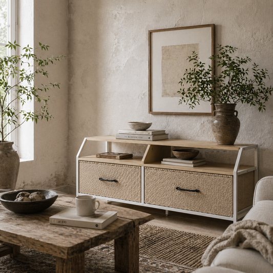 Avamira Small 98cm Natural and White TV Stand With Foldable Drawers for TV's up to 55 Inches