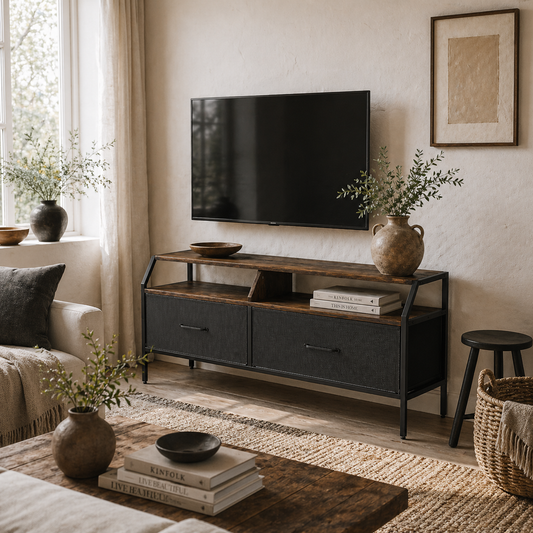 Avamira Small 98cm Black and Brown TV Stand With Foldable Drawers for TV's up to 55 Inches
