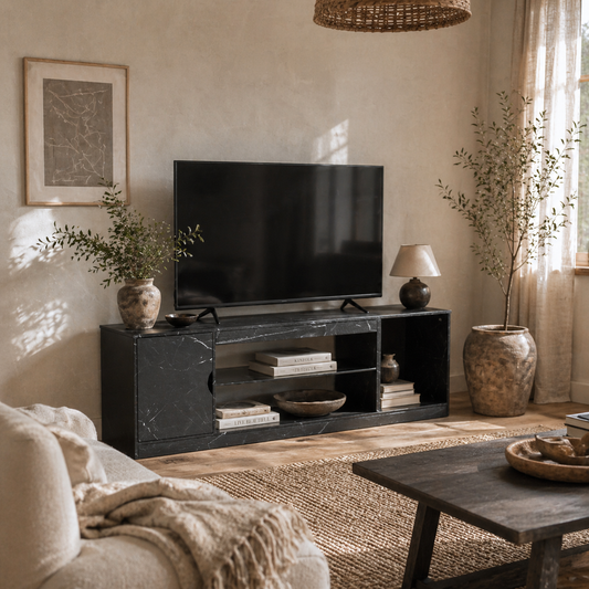Avadell 148cm Black Marble Effect TV Unit With Glass Shelves For Screens Up To 55 Inches