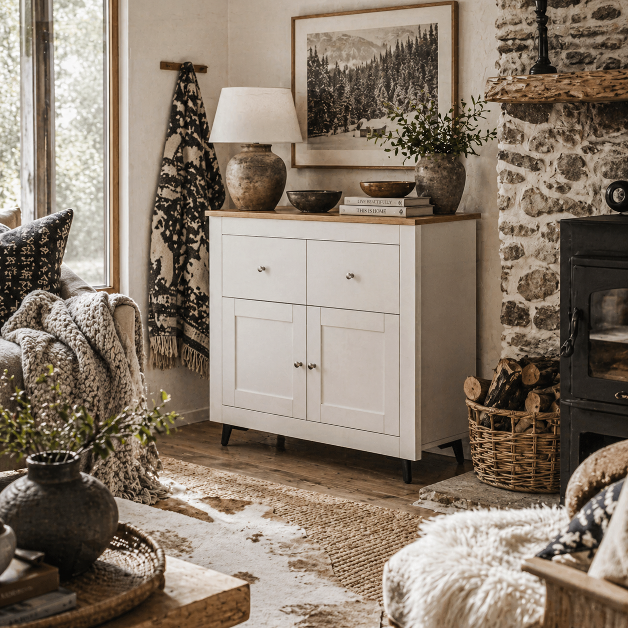 Dielro White and Natural Wooden Farmhouse Sideboard With Double Doors And 2 Storage Drawers