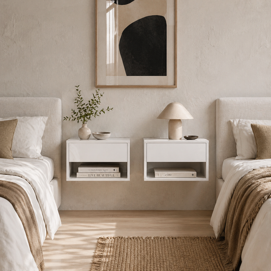 Veve Set Of 2 High Gloss White Floating Bedside Tables with Drawer and Shelf