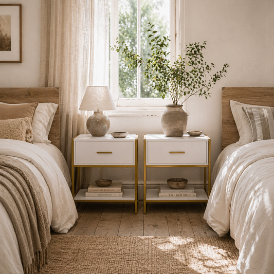 Niva White And Gold Set Of 2 Modern Bedside Tables With Drawer And Shelf