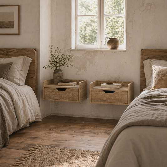 Tacoso Set of 2 Natural Wood Chevron Floating Nightstands With Drawer Wall Mounted