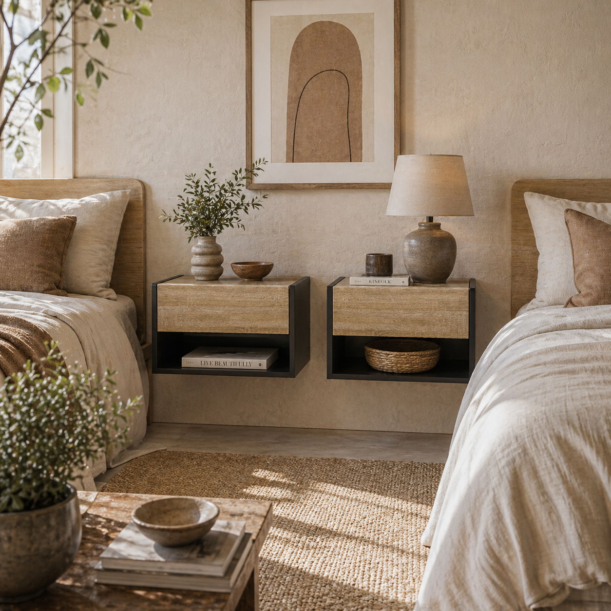 Sebato Set of 2 Oak Effect Wooden Floating Bedside Tables With Drawer And Shelf Wall Mounted 46 x 30 x 30 cm