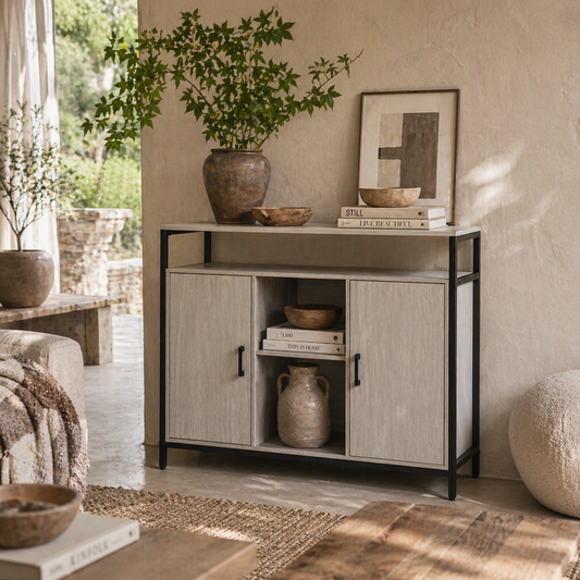 Vara Light Grey Sideboard with Steel Frame 2 Doors 4 Shelves