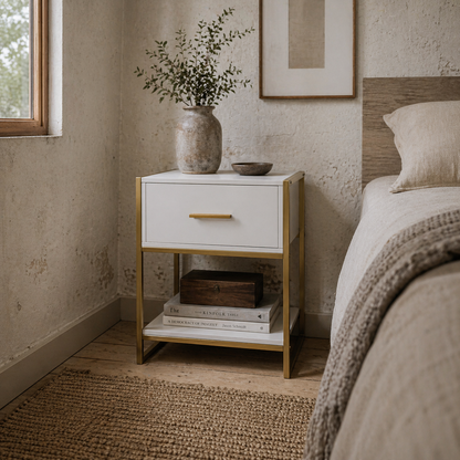 Safifi White Modern Bedside Table 1 Drawer 1 Shelf With Gold Accents