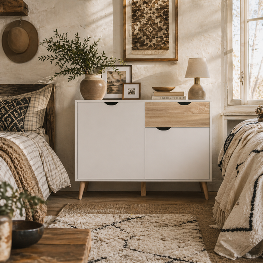 Diha White and Natural Scandi Sideboard 1 Storage Drawer 2 Doors Cabinet