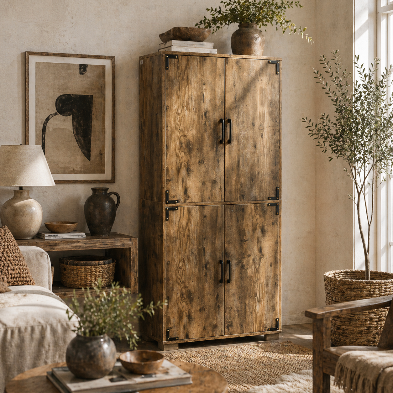 Mara Rustic Wood Effect Tall Farmhouse Storage Cabinet With 4 Doors And Internal Shelves