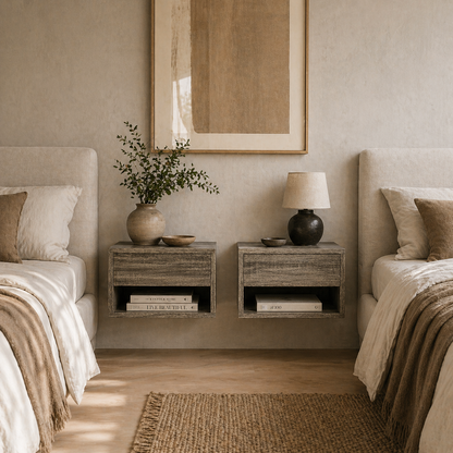 Rosama Set Of 2 Grey Wood Effect Floating Bedside Tables Wall Mounted 1 Drawer 1 Shelf