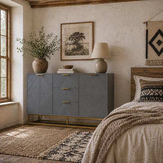 Veli Grey Sideboard With 3 Drawers 2 Doors 2 Sehelves
