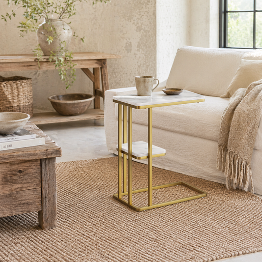 Neso Metal And Wooden White Marble Grain Slim C Shaped Side Table With 2 Tier Storage