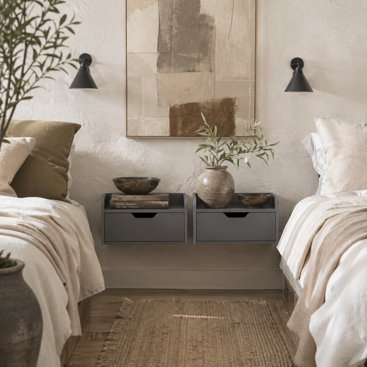 Levaco Set Of 2 Wall Mounted Wooden Black Bedside Tables With Drawer Storage