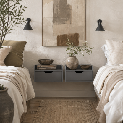 Levaco Set Of 2 Wall Mounted Wooden Black Bedside Tables With Drawer Storage