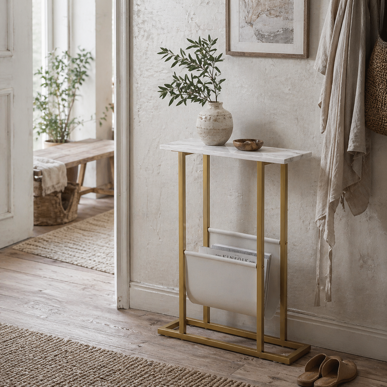Vanozi Wooden White Marble Grain Slim Side Table With Magazine Holder For Small Spaces