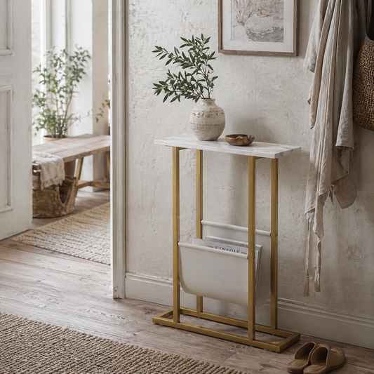 Vanozi Wooden White Marble Grain Slim Side Table With Magazine Holder For Small Spaces