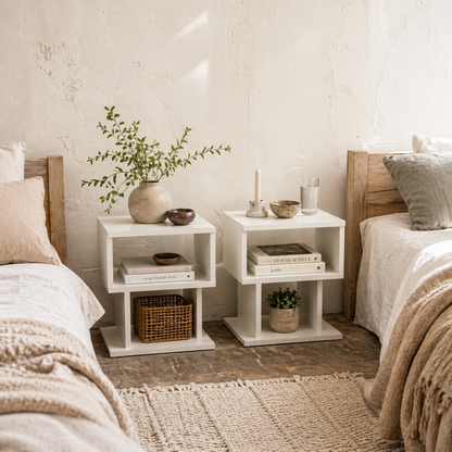 Luvila Set Of 2 Wooden White Square Side Tables With 2 Tier Storage