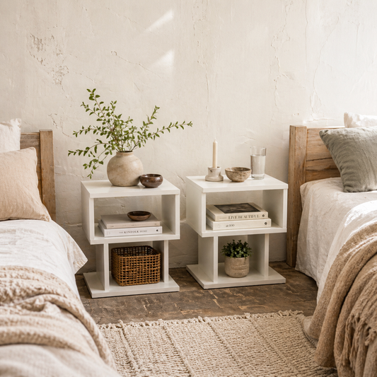Luvila Set Of 2 Wooden White Square Side Tables With 2 Tier Storage