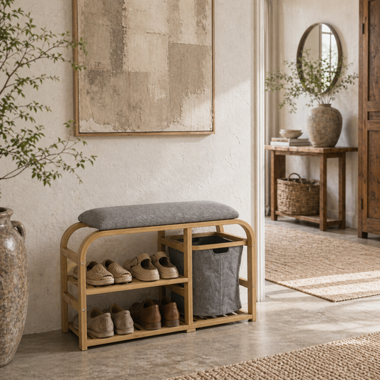 Mira Bamboo Natural Shoe Bench With Grey Padded Seat