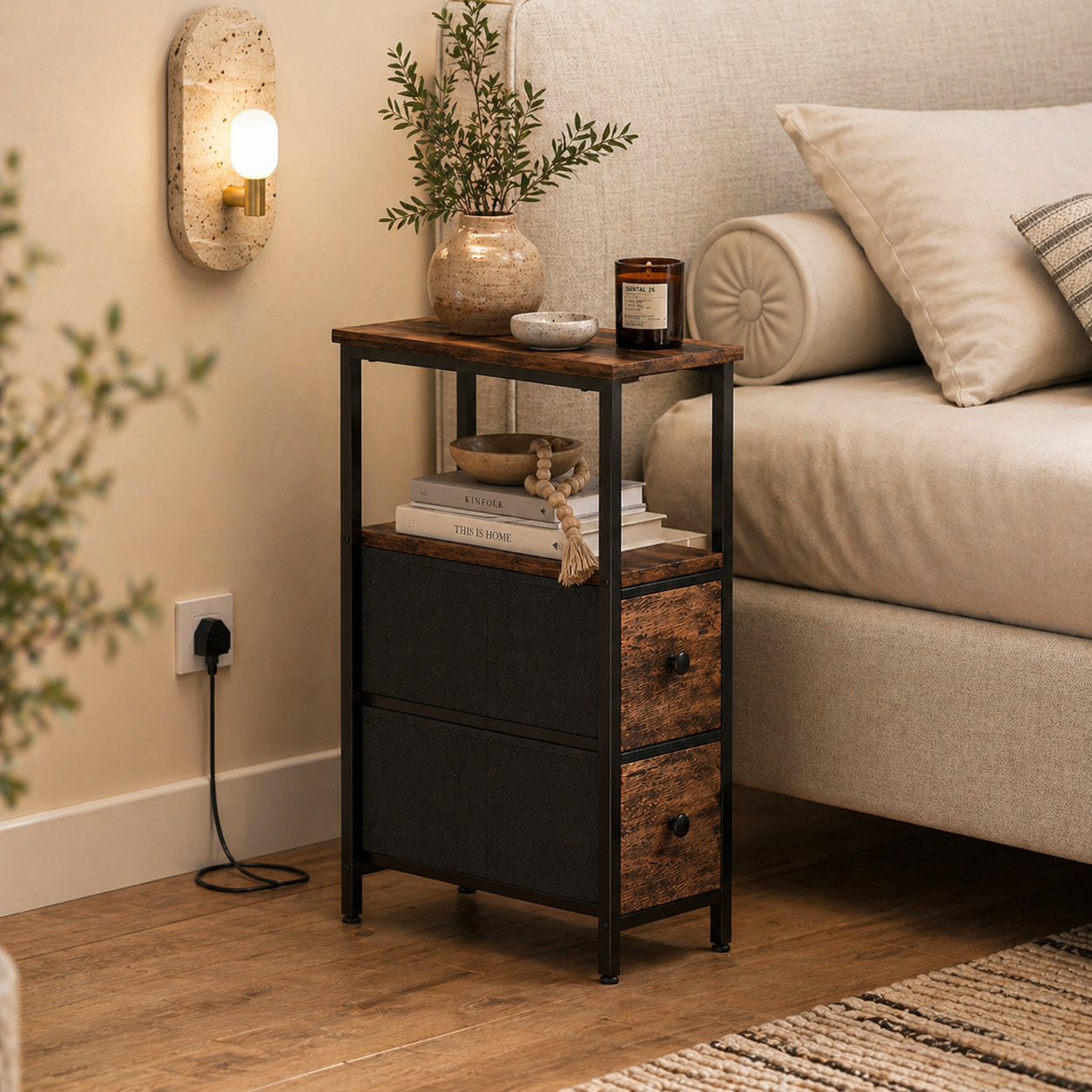 Suro Wooden Narrow Bedside Table With 2 Drawers And Built In Charging Station