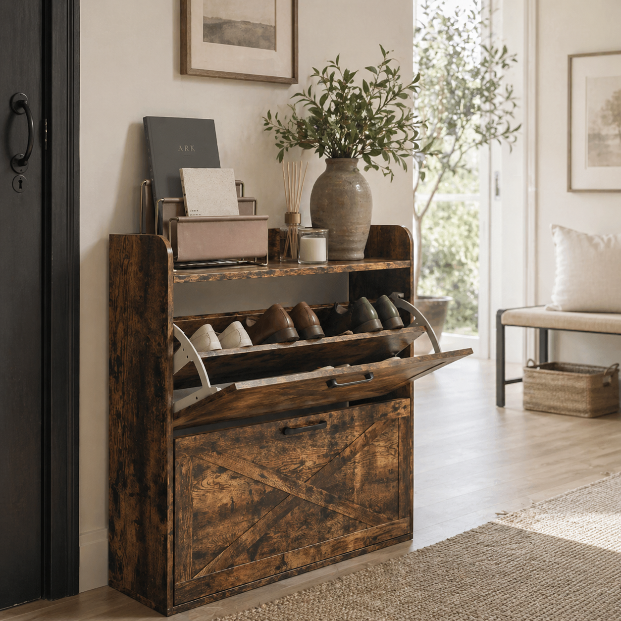 Banone Wooden Rustic Brown Narrow Shoe Cabinet With 2 Flip Drawers and Shelf