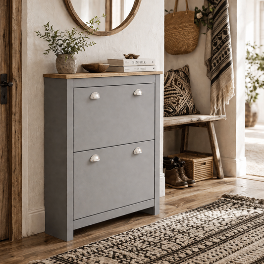 Kamcha Grey and Natural Wood Narrow Shoe Cabinet With 2 Flip Drawers For 6 To 12 Pairs