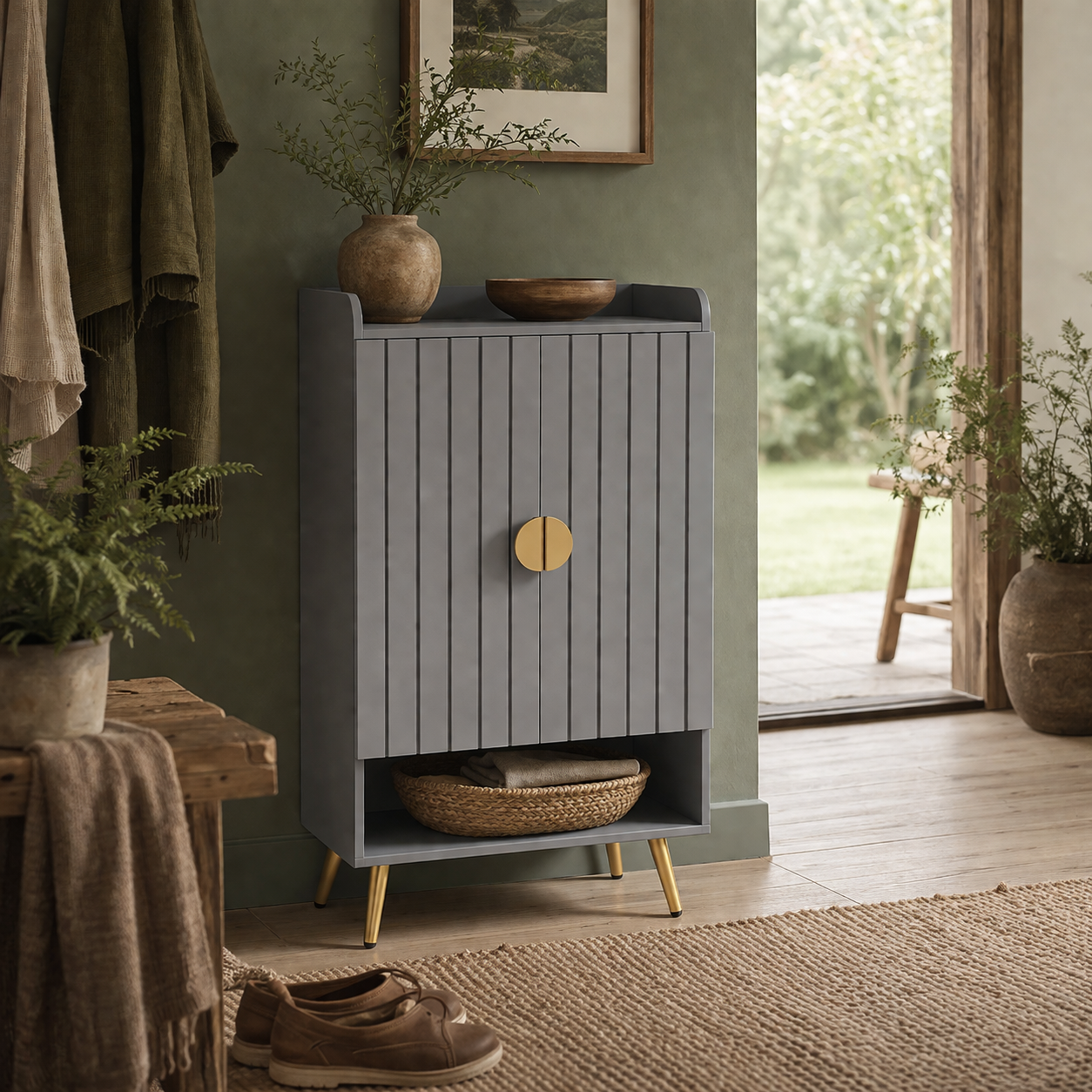 Rasufa Wooden Light Grey Shoe Cupboard With 2 Doors and Shelf