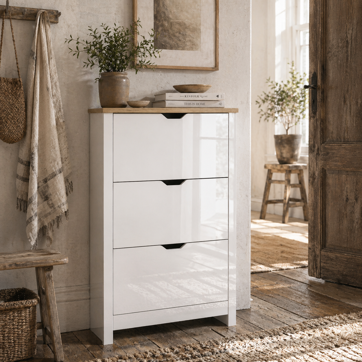 Dorane Lake High Gloss White Slim Shoe Cabinet With 3 Flip Drawers