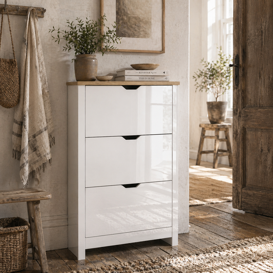 Dorane Lake High Gloss White Slim Shoe Cabinet With 3 Flip Drawers