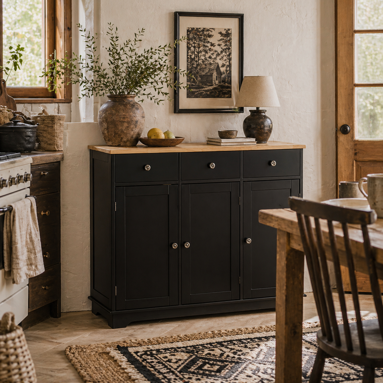 Totoro Black Sideboard With Natural Top 3 Doors 3 Drawers 3 Shelves